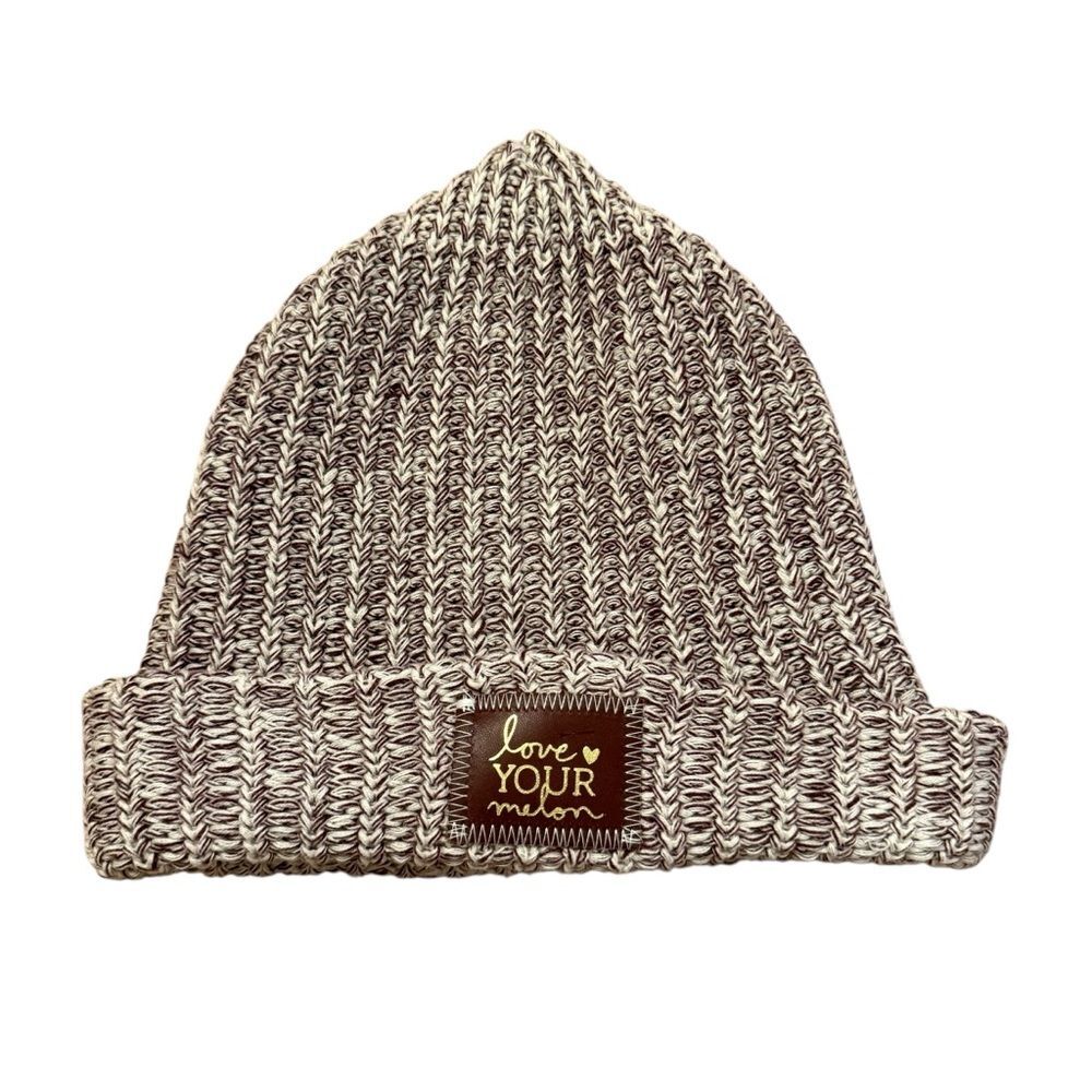 Love Your Melon Maroon and Cream Knit 100% Cotton Cuffed Beanie Hat One Size
